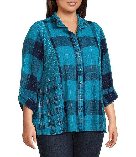 Ali Miles Woven Plaid Multi Print Point Collar 3/4 Roll-Tab Sleeve Button-Front Tunic Product Image