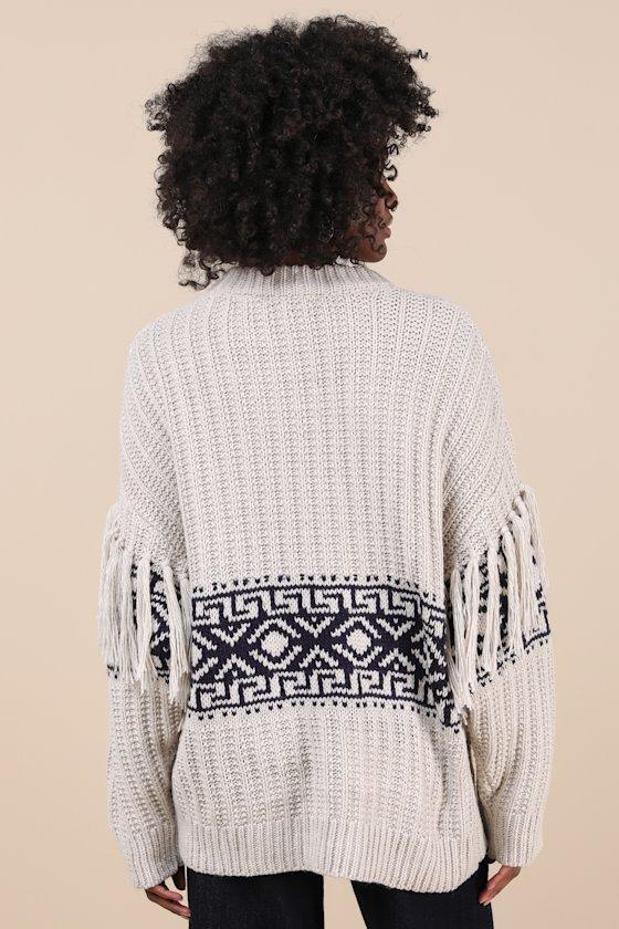 Modern Coziness Light Grey Fair Isle Fringe Oversized Sweater Product Image