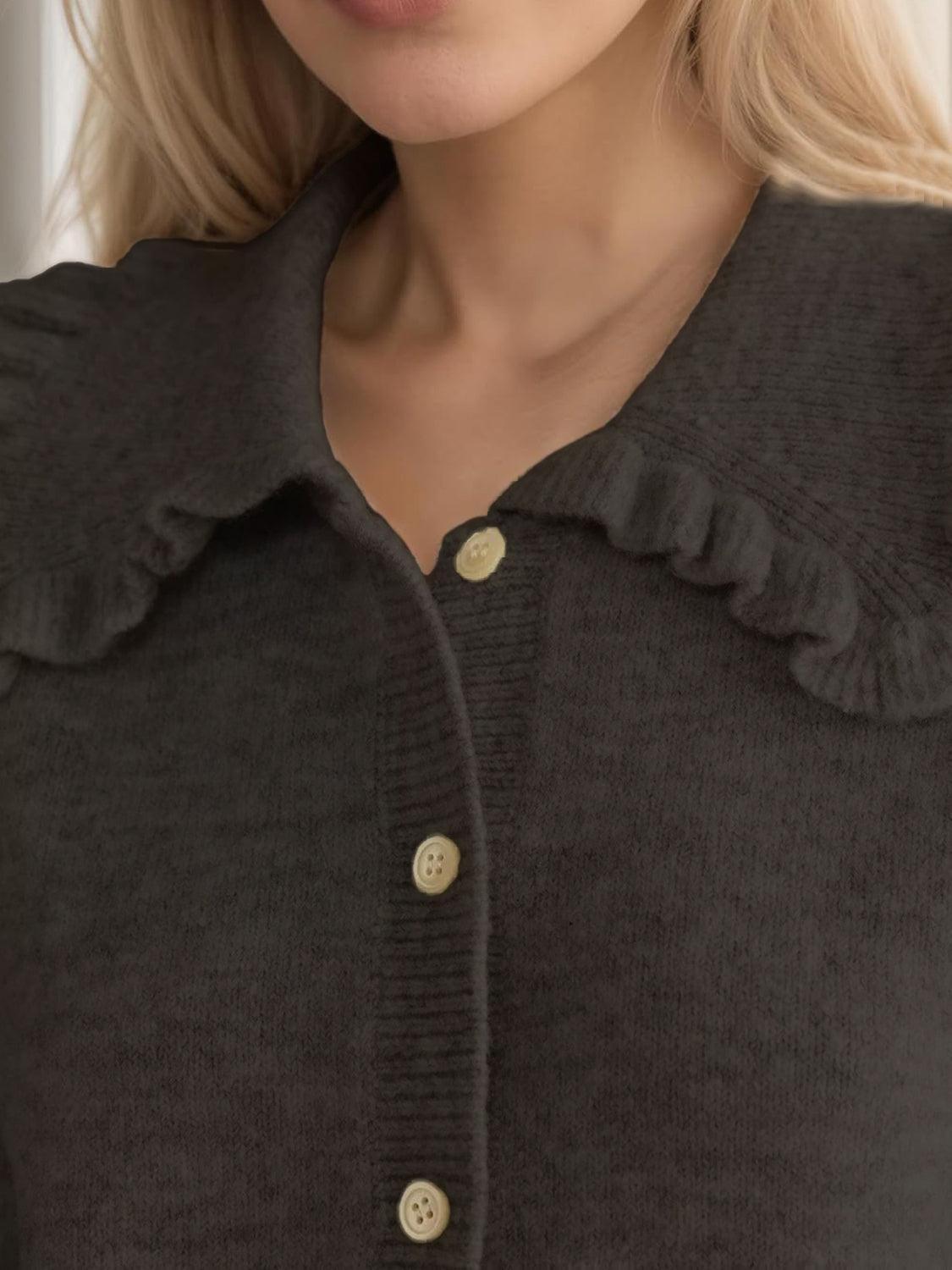 Frill Button Up Collared Neck Long Sleeve Cardigan Product Image