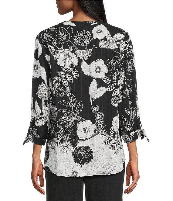 Allison Daley Petite Floral Slope Border Print 3/4 Sleeve Y-Neck Blouse Product Image