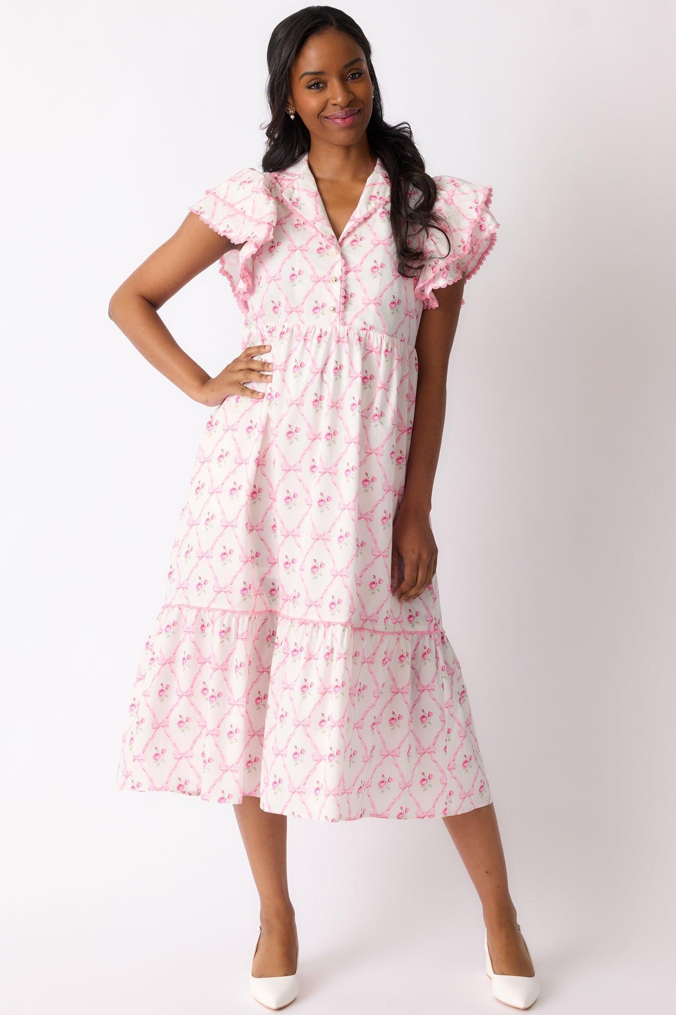 Brunch & Beyond Cotton Light Pink Floral Midi Dress Product Image
