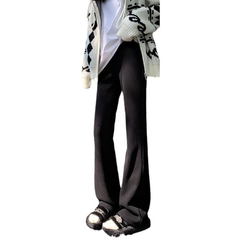 Elastic Waist Plain Fleece-Lined Bootcut Knit Pants Product Image
