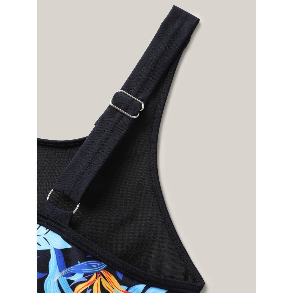 Plus Size Tropical Leaf Fit Flare Swim Dress Women's Swimwear BlackFlower Beach Bodycon U-neck High stretch Curve Swim Dresses BloomChic 14-16/1X Product Image