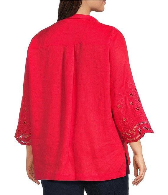 John Mark Plus Size Linen Wire Collar 3/4 Embroidered Eyelet Scallop Sleeve Button Front Shirt Product Image