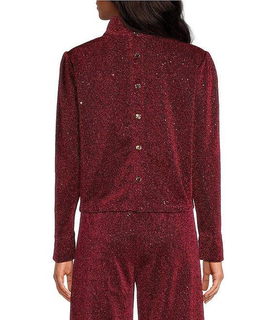Buru Mod Woven Metallic Mock Neck Long Puffed Sleeve Cropped Top Product Image