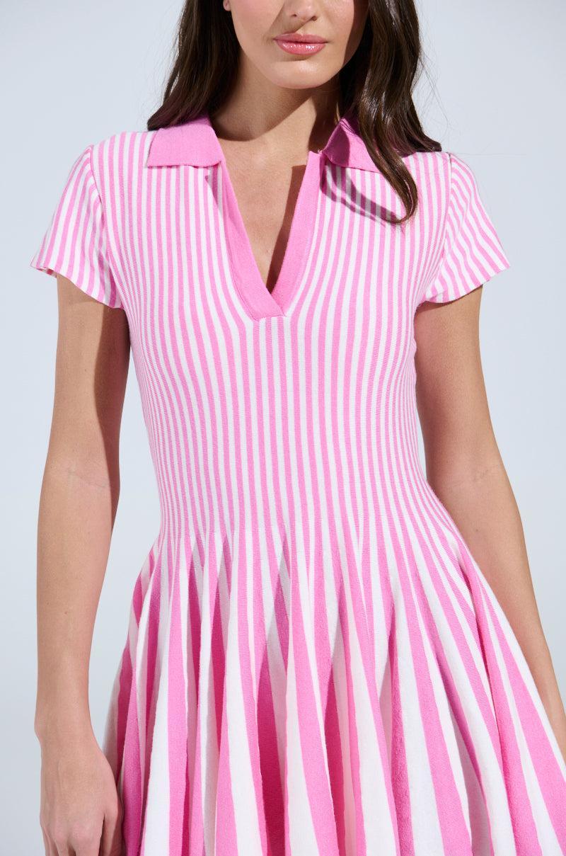 ALINA PLEATED KNIT FIT AND FLARE MINI DRESS IN PINK MULTI Product Image