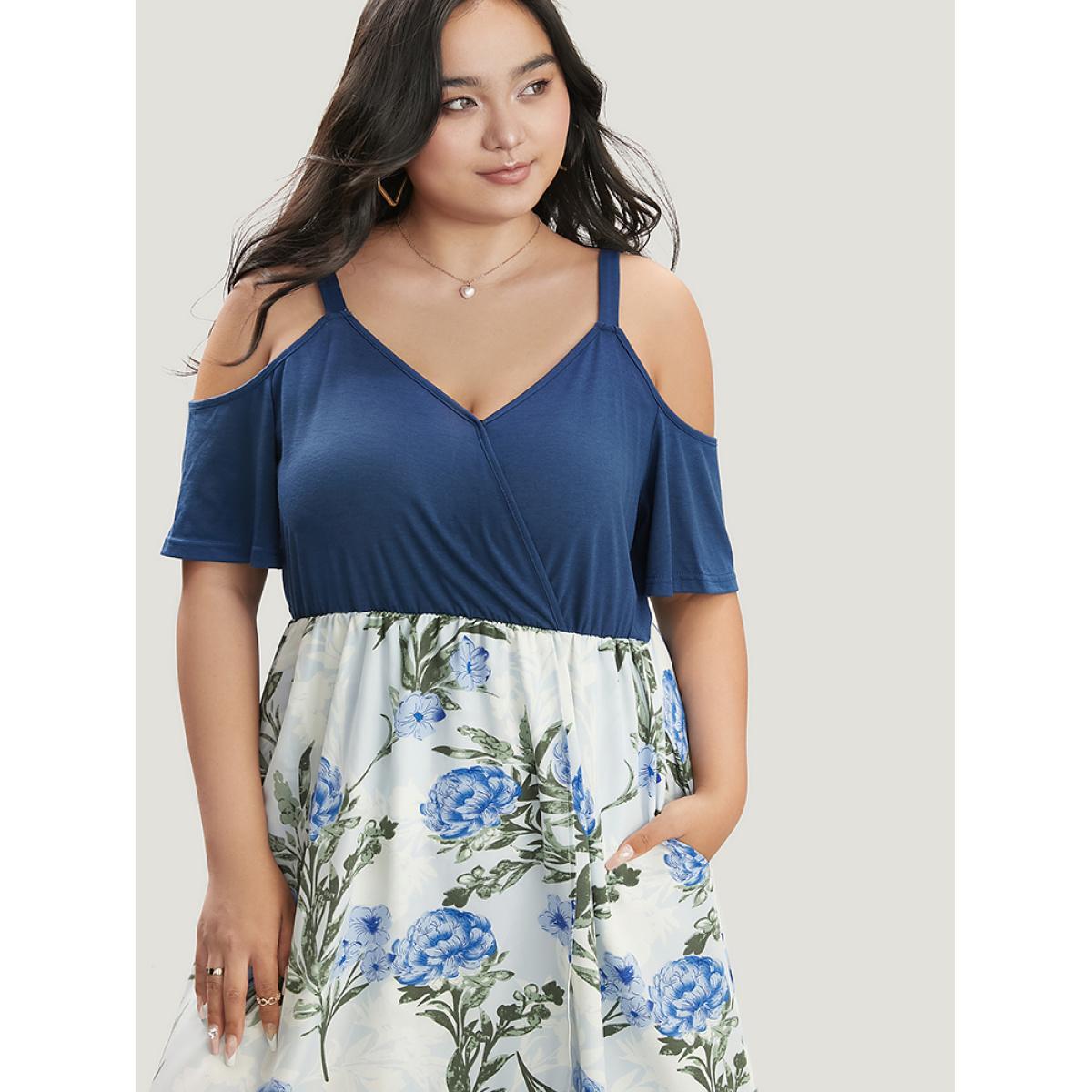 Plus Size Floral Patchwork Cold Shoulder Pocket Asymmetrical Hem Dress Indigo Women Elegant Adjustable Straps Cold Shoulder Short sleeve Curvy Midi Dress BloomChic 22-24/3X Product Image