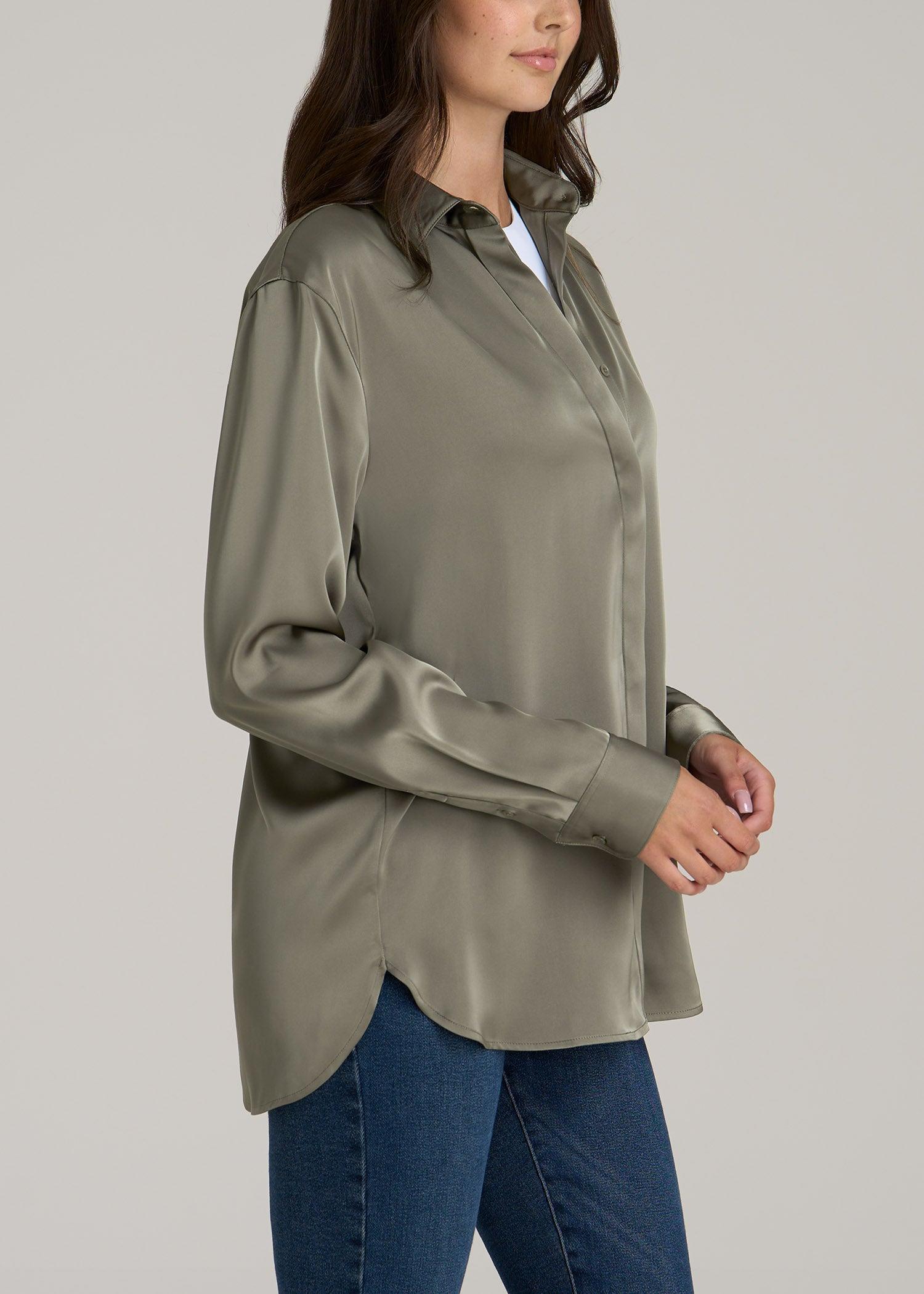 Relaxed Button Up Tall Women's Blouse in Camper Green Product Image