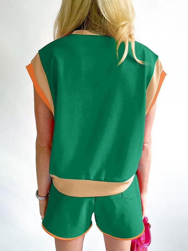 Contrast Color Short Sleeves Round-Neck T-Shirt + Elasticity Shorts Two Pieces Set Product Image