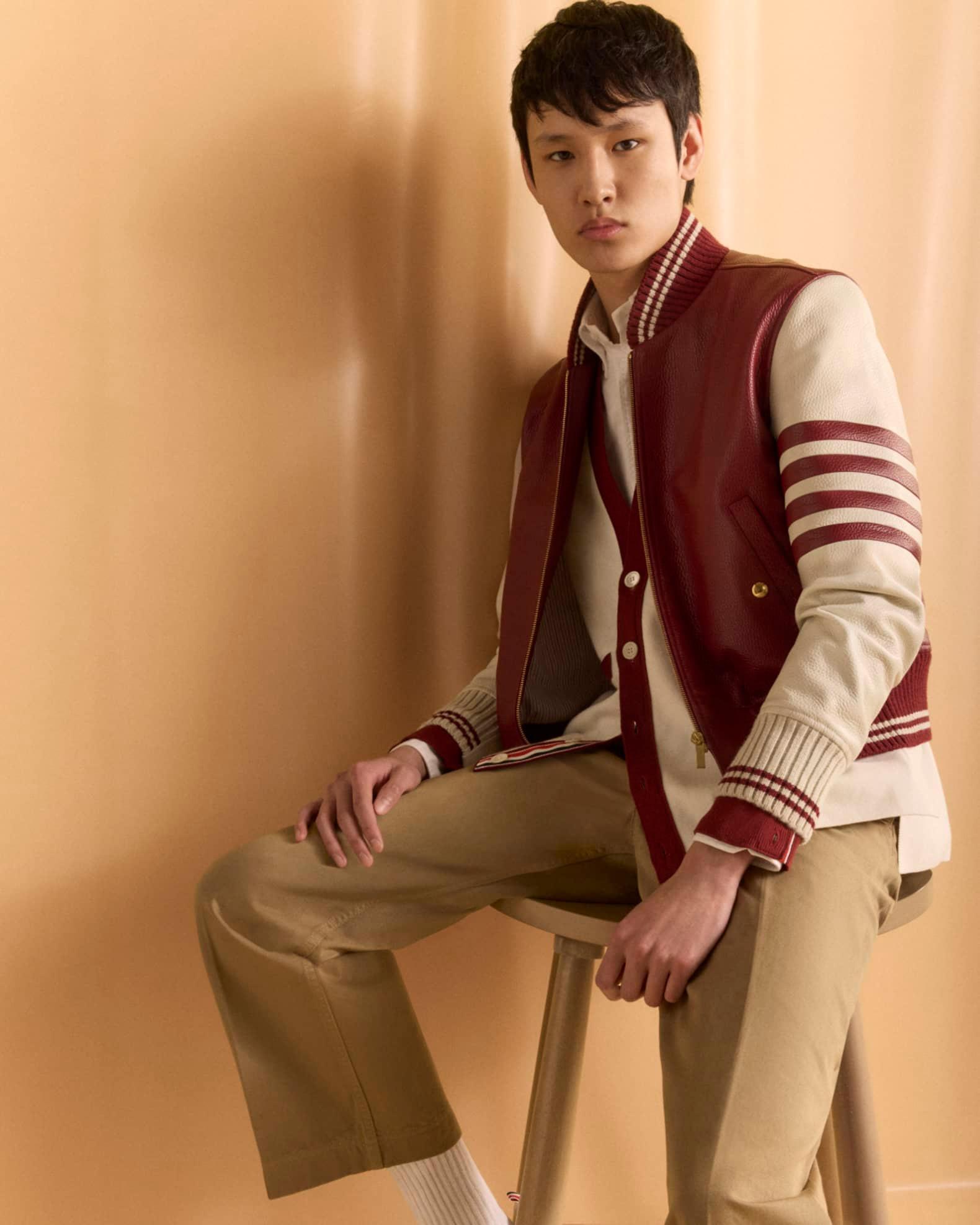 Men's Striped Leather Varsity Jacket Product Image