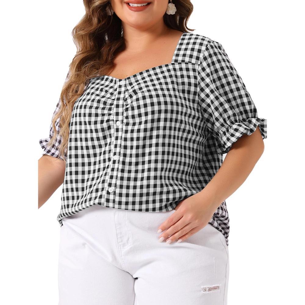 Agnes Orinda Women's Plus Size Gingham 1950s Sweetheart Neck Short Sleeve Blouses Product Image