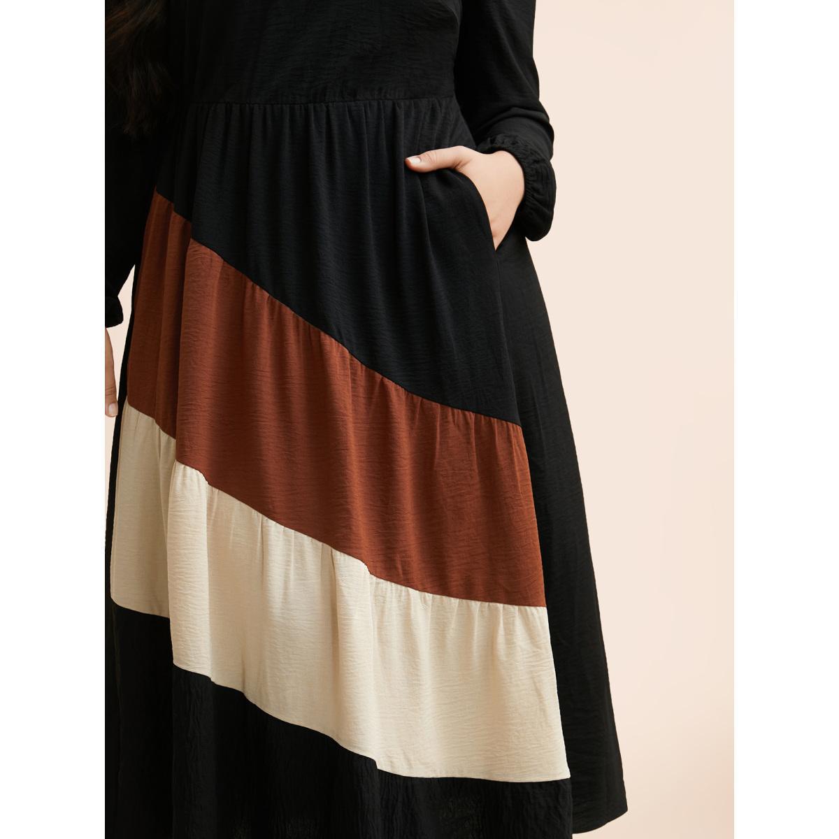 Plus Size Colorblock Contrast Gathered Lantern Sleeve Dress Black Women Elegant Contrast V-neck Long Sleeve Curvy BloomChic 10/M Product Image