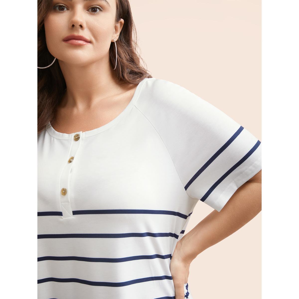 Plus Size Striped Print Raglan Sleeve Button Up T-shirt White Women Casual Contrast Striped Round Neck Everyday T-shirts BloomChic 26/4X Product Image
