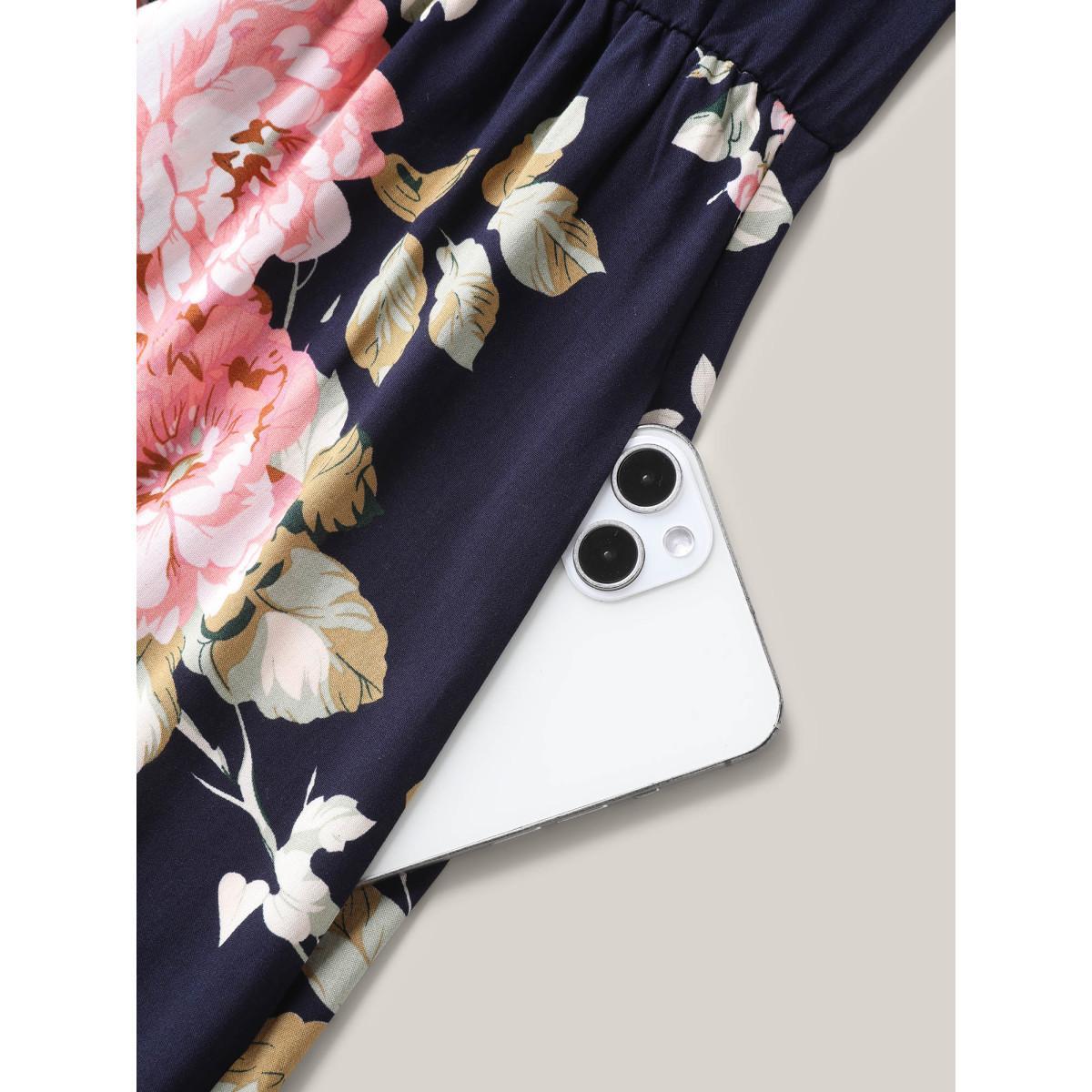 Plus Size Ruffled Neck Off-Shoulder Floral Midi Dress Navy Women Elegant Ruffles V-neck Short sleeve Curvy BloomChic 10/M Product Image