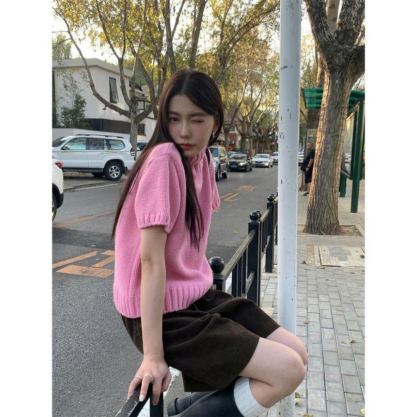 Short-Sleeve Turtleneck Plain Knit Top Product Image