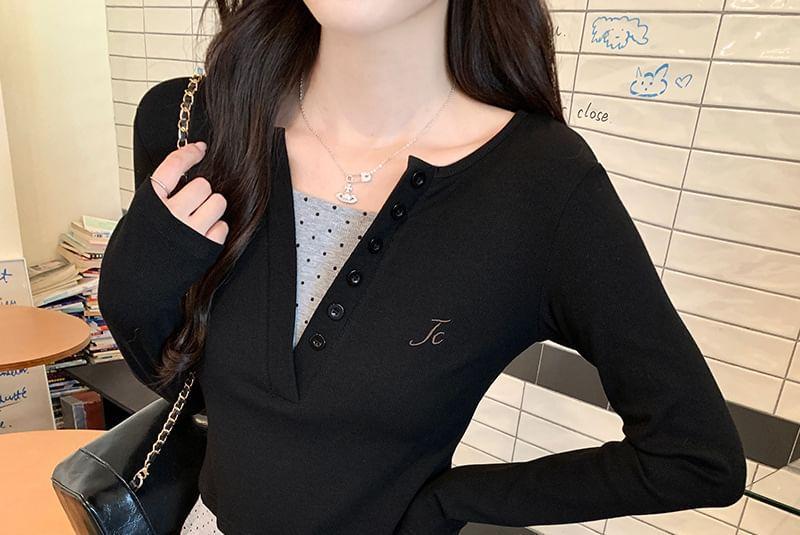 Long-Sleeve Mock Two-Piece Dotted Panel Slim Fit Crop Tee Product Image