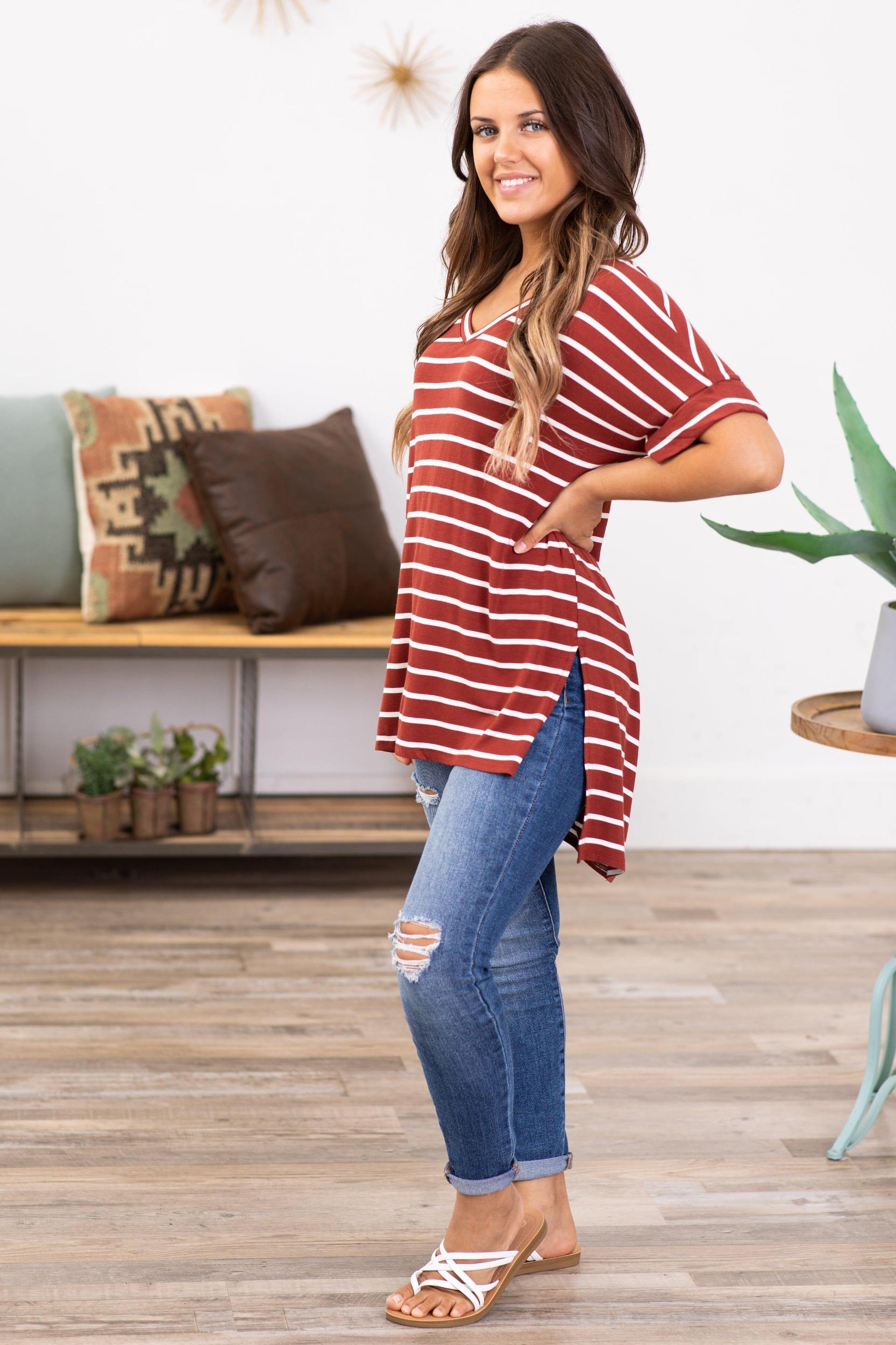 Rust and Off White Stripe V-Neck Top Product Image
