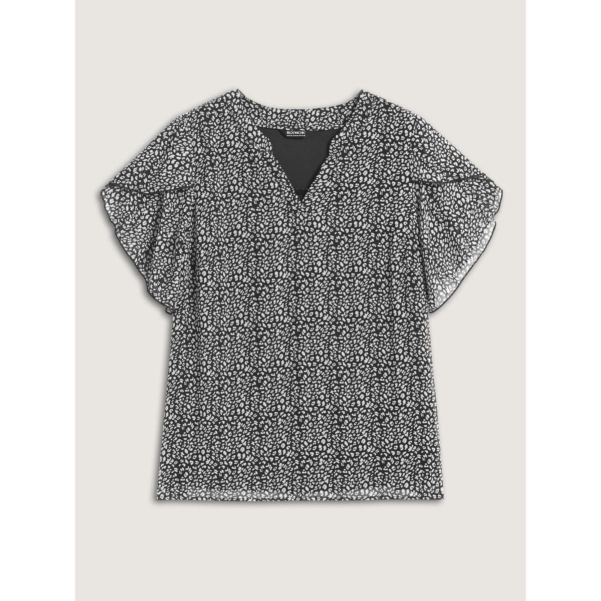 Plus Size Black Leopard Print Petal Layered Sleeve Blouse Women Short sleeve Notched collar Work Blouses BloomChic 22-24/3X Product Image