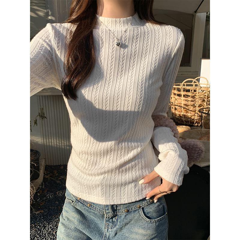 Mock Neck Plain Cable Knit Top Product Image