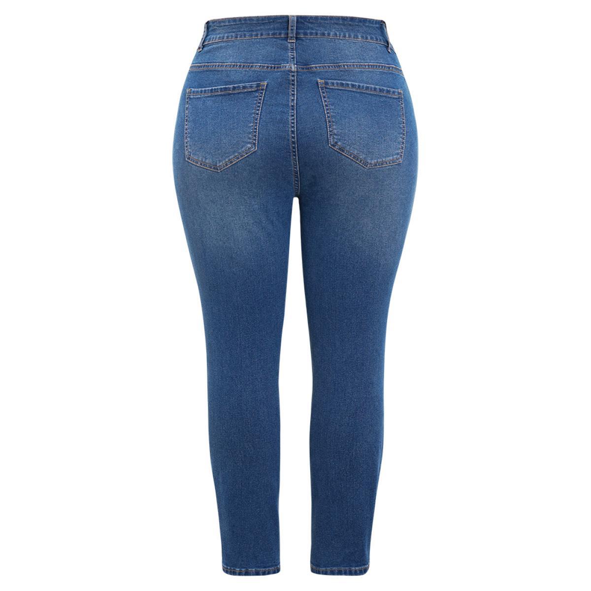 Plus Size Very Stretchy High Rise Medium Wash Patched Patchwork Jeans Women Indigo Casual Plain Patchwork High stretch Pocket Jeans BloomChic 18/2X Product Image