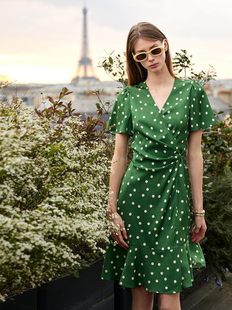 19 Momme Mulberry Silk Polka Dots Print Ruffle Women Mini Dress With S Product Image