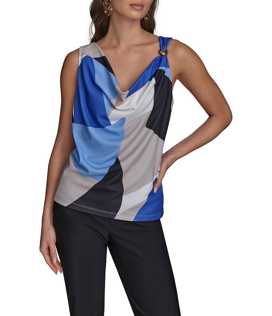 Donna Karan Geometric Printed Gold Shoulder Hardware Cowl Neck Sleeveless Top Product Image