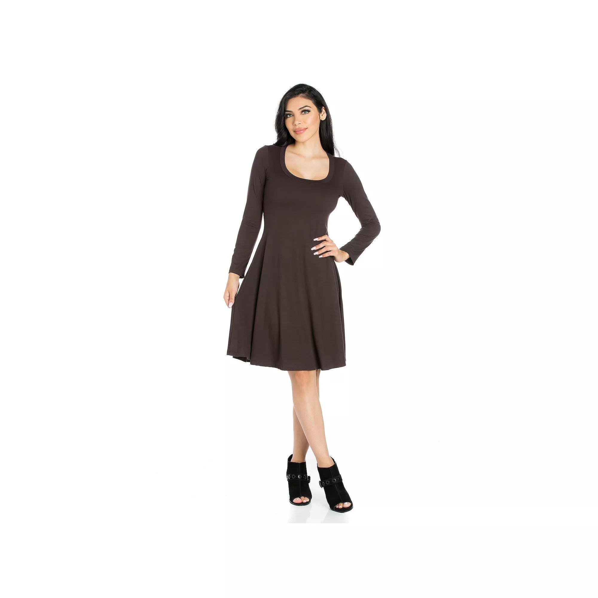 Women's 24seven Comfort Apparel Classic Scoopneck Long Sleeve Flared Mini Dress, Size: XL, Dark Brown Product Image