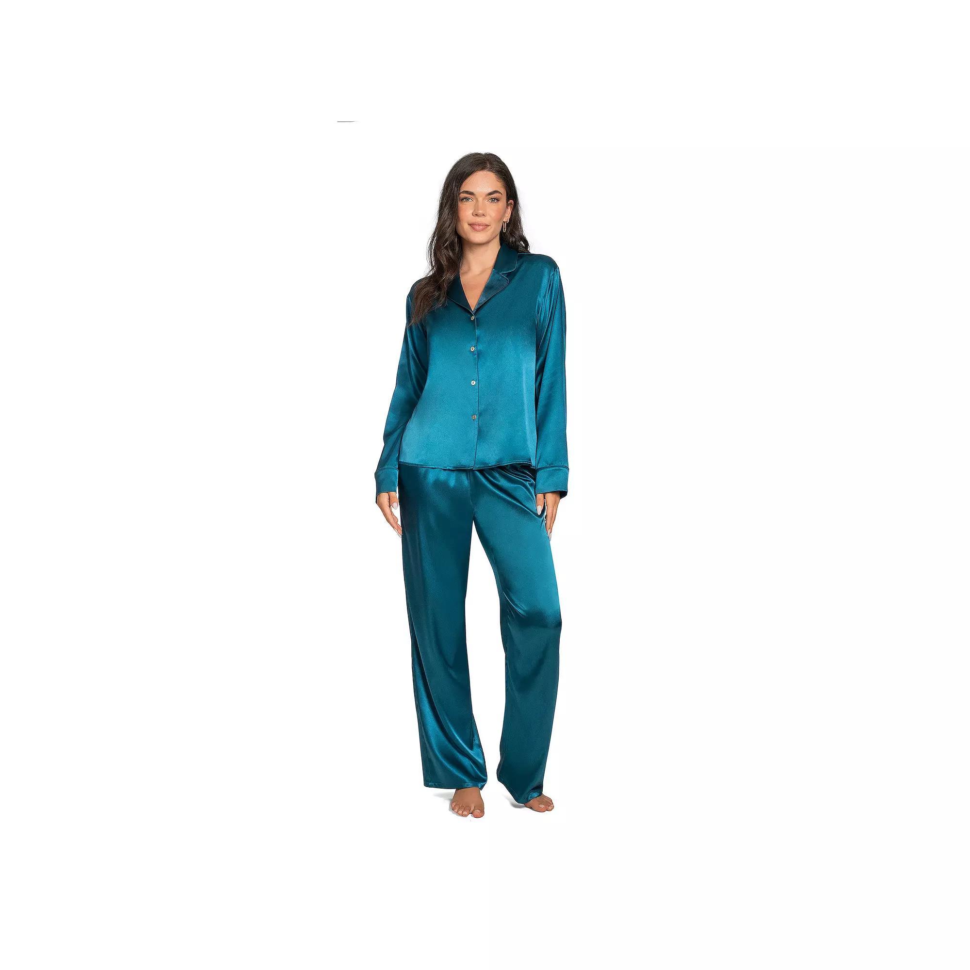 Petite Lilac+London Satin Notch Collar Pajama Top & Pajama Bottoms Set, Women's, Size: XXL Petite, Blue Product Image