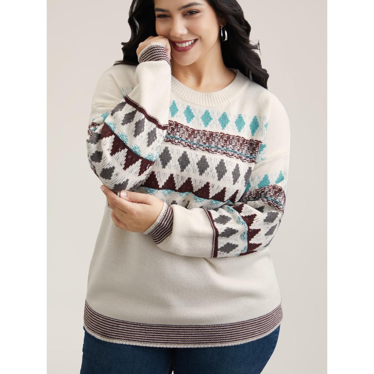 Plus Size Color-Collision Textured Knit Pullover Ivory Women Casual Loose Long Sleeve Everyday Cardigans BloomChic 26/4X Product Image