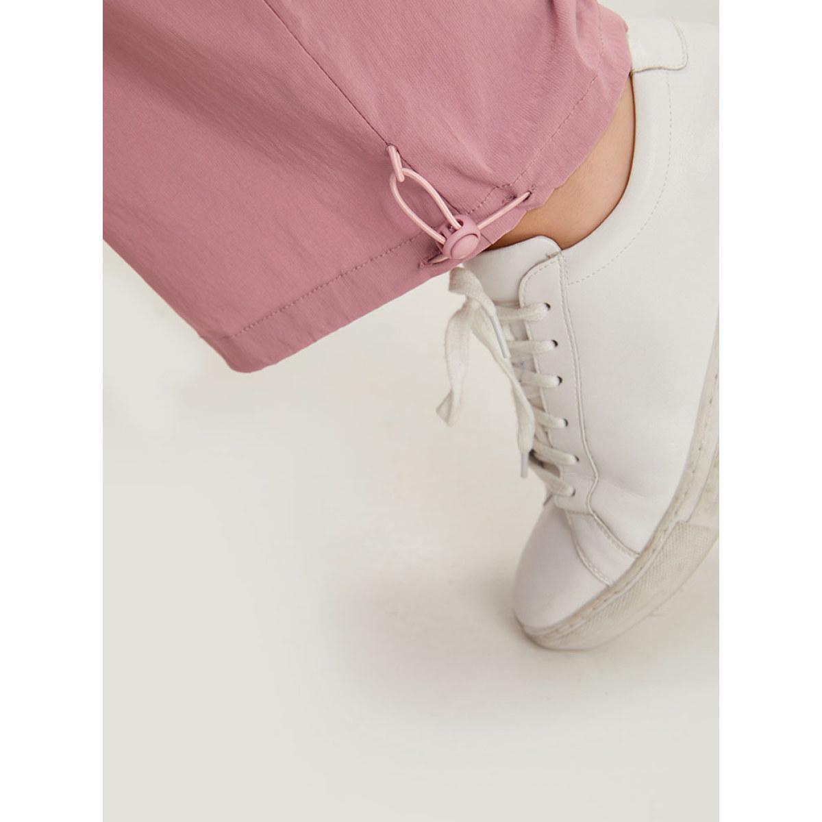 Plus Size Plain Paperbag Waist Drawstring Hem Slant Pocket Pants Women Rouge Casual High Rise Dailywear Pants BloomChic 14-16/1X Product Image