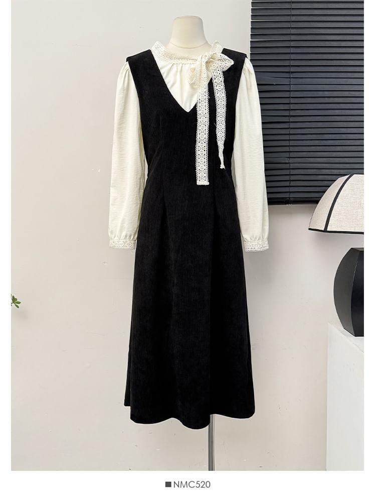 Set: Lace-Trim Loose Blouse + Sleeveless V-Neck Midi Dress with Sash Product Image