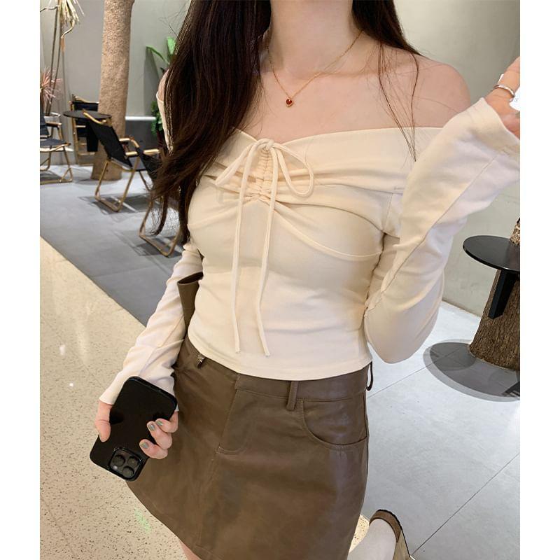 Long Sleeve Off-Shoulder Plain Drawstring Slim-Fit Crop Top Product Image