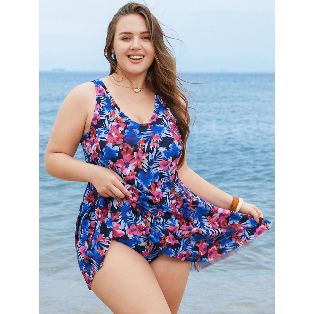 Plus Size Floral Print Ruffles Sculpt Waist A Line Swim Dress Women's Swimwear BlackFlower Vacation Bodycon V-neck High stretch Curve Swim Dresses BloomChic 28/5X Product Image