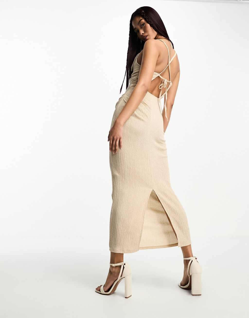 ASOS DESIGN textured strappy midi dress with fold over bust Product Image