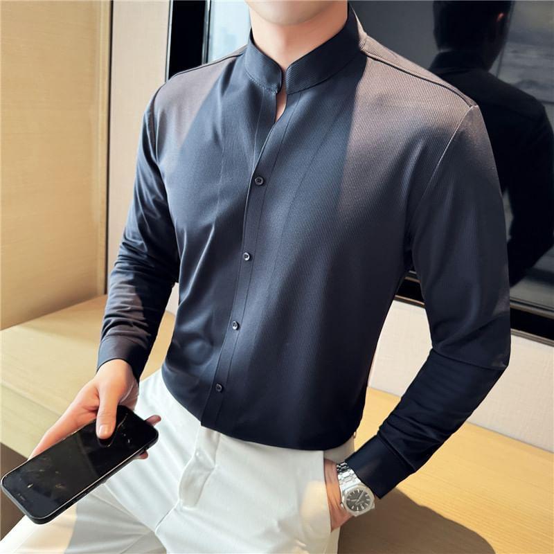Long-Sleeve Mandarin Collar Plain Shirt Product Image