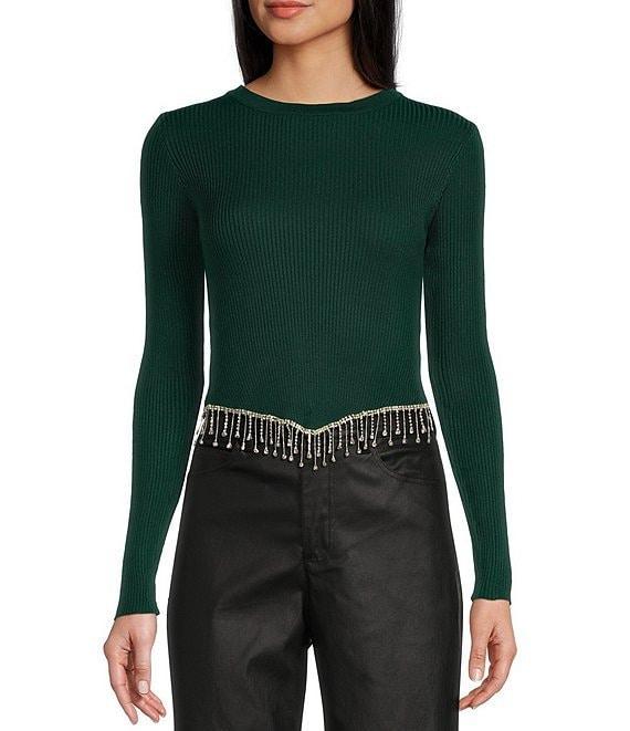 Say What Long Sleeve Sparkly Rhinestone Fringe Top Product Image
