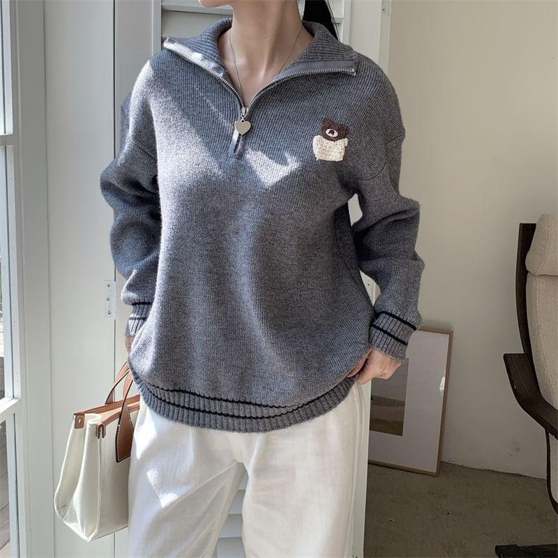 Turtleneck Bear Embroidered Half-Zip Sweater Product Image