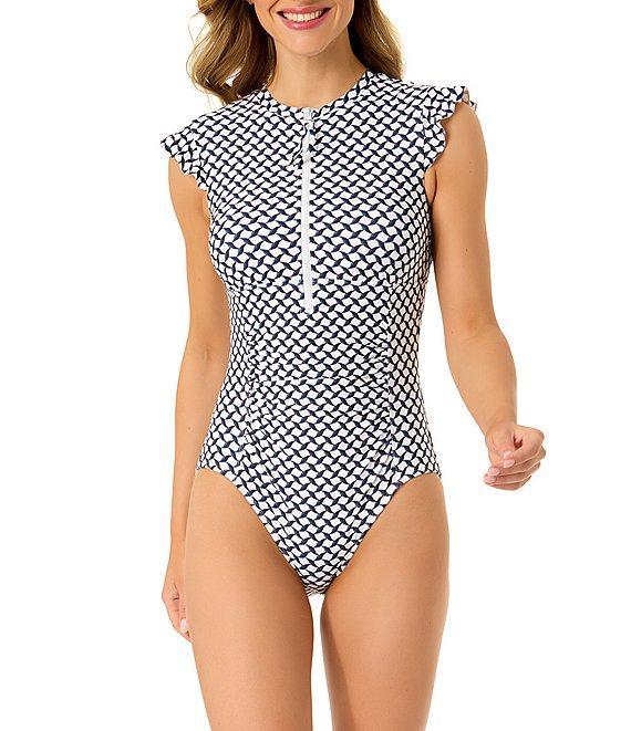 Anne Cole Neo Geo Crew Neck Flutter Sleeves Zip Front One Piece Swimsuit Product Image