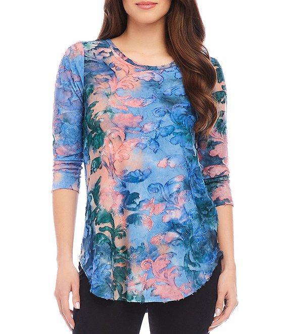 Karen Kane Burnout Tie Dye Print Boat Neck 3/4 Sleeve Shirttail Hem Knit Top Product Image