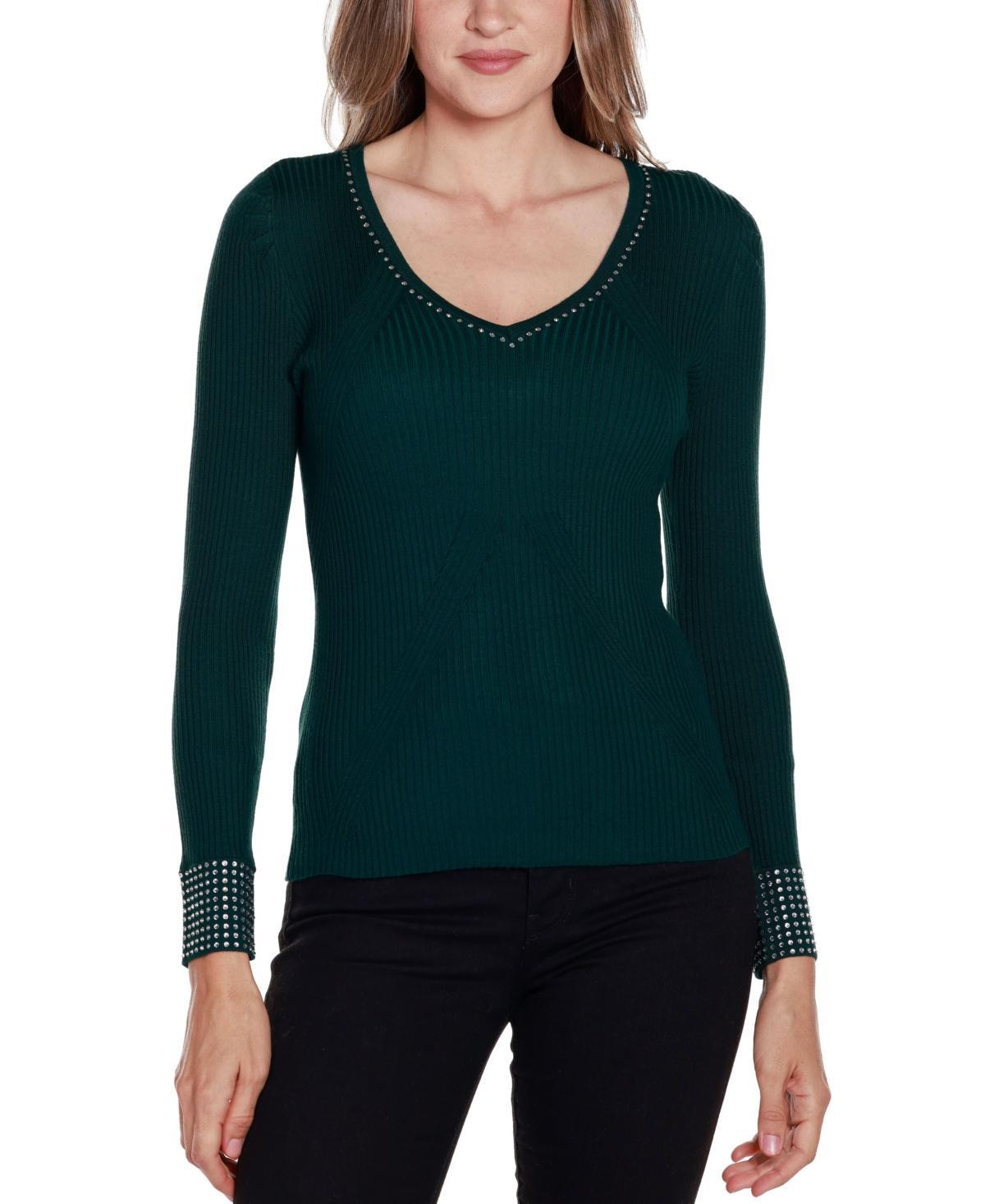 Belldini Womens Black Label Rhinestone-Trim Ribbed Sweater Product Image