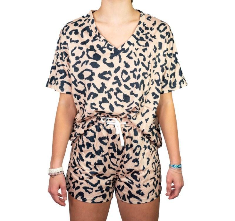 Women's Leopard Print Drawstring Top & Shorts Set Product Image