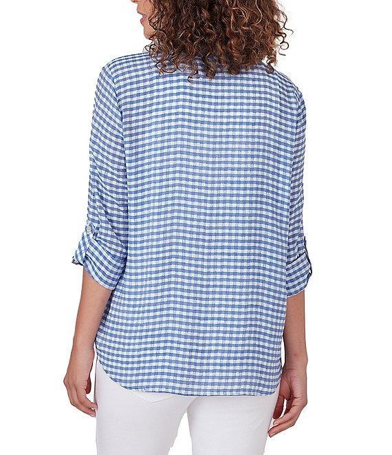 Ruby Rd. Silky Gauze Gingham Print Scoop Neck 3/4 Roll-Tab Sleeve Top Product Image
