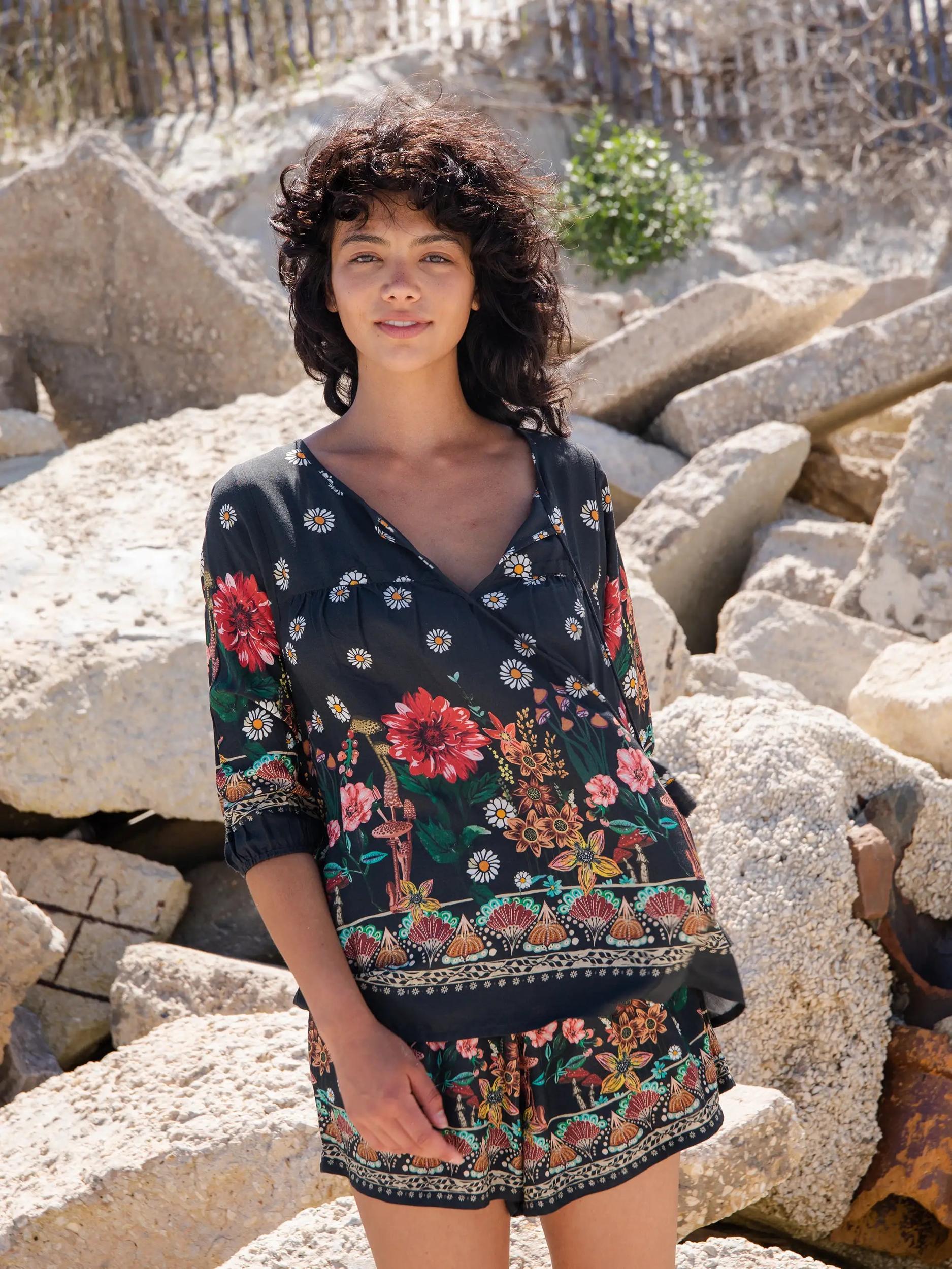Maribel Top - Black Floral Mushroom Product Image