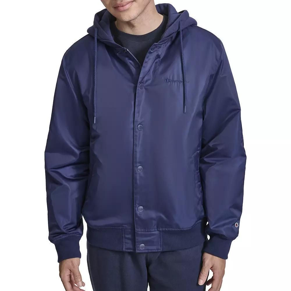 Men's Champion® Hooded Varsity Bomber Jacket with Quilted Lining, Size: XL, Black Product Image