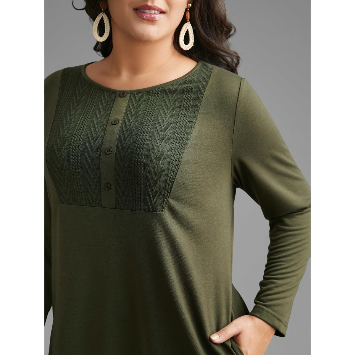 Plus Size Textured Patchwork Button Detail Midi Dress Sage Women Casual Texture Round Neck Long Sleeve Curvy BloomChic 30/6X Product Image