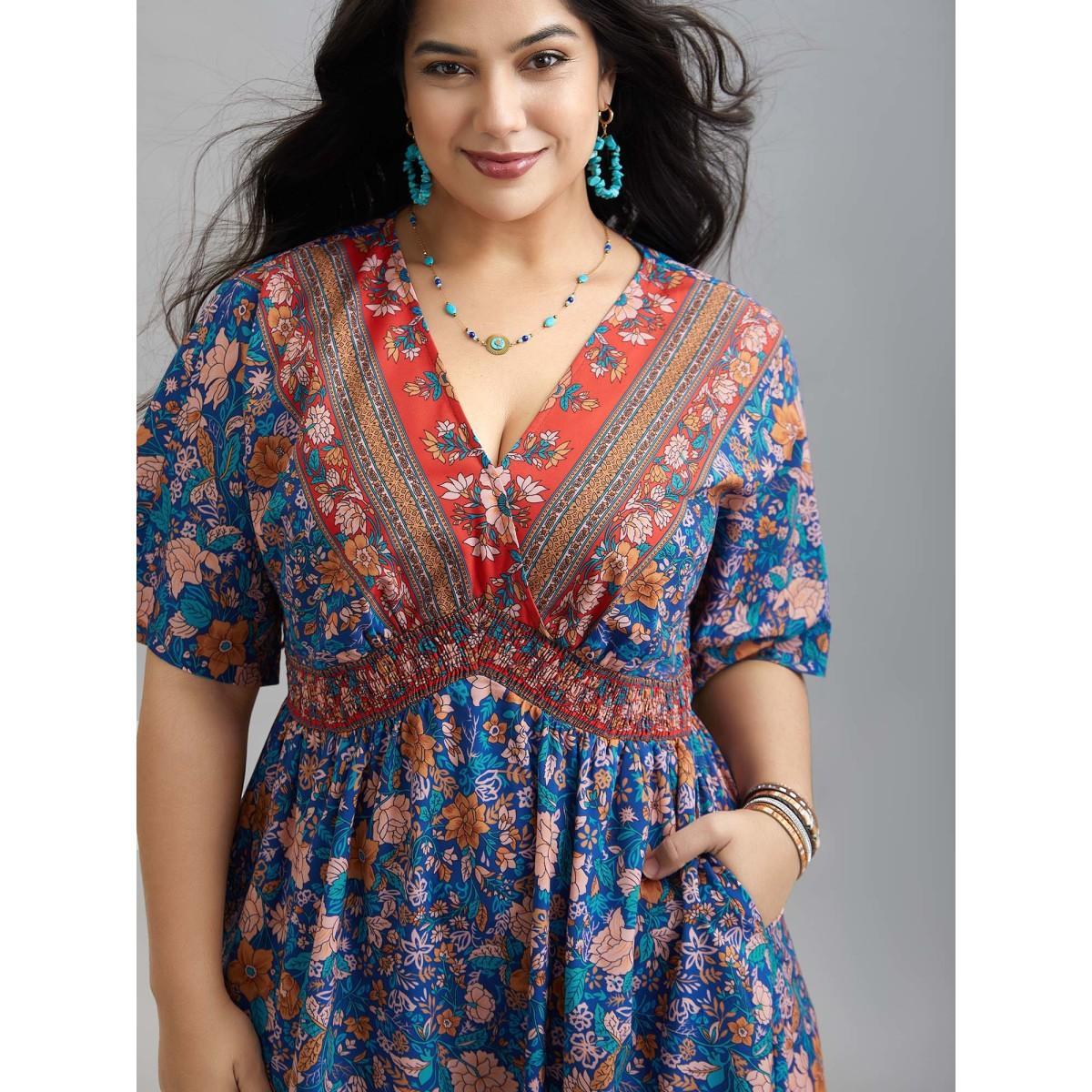 Plus Size Boho Print Ruffled Shirred V-Neck Maxi Dress Mediumblue Women Resort Shirred Overlap Collar Half Sleeve Curvy BloomChic 26/4X Product Image