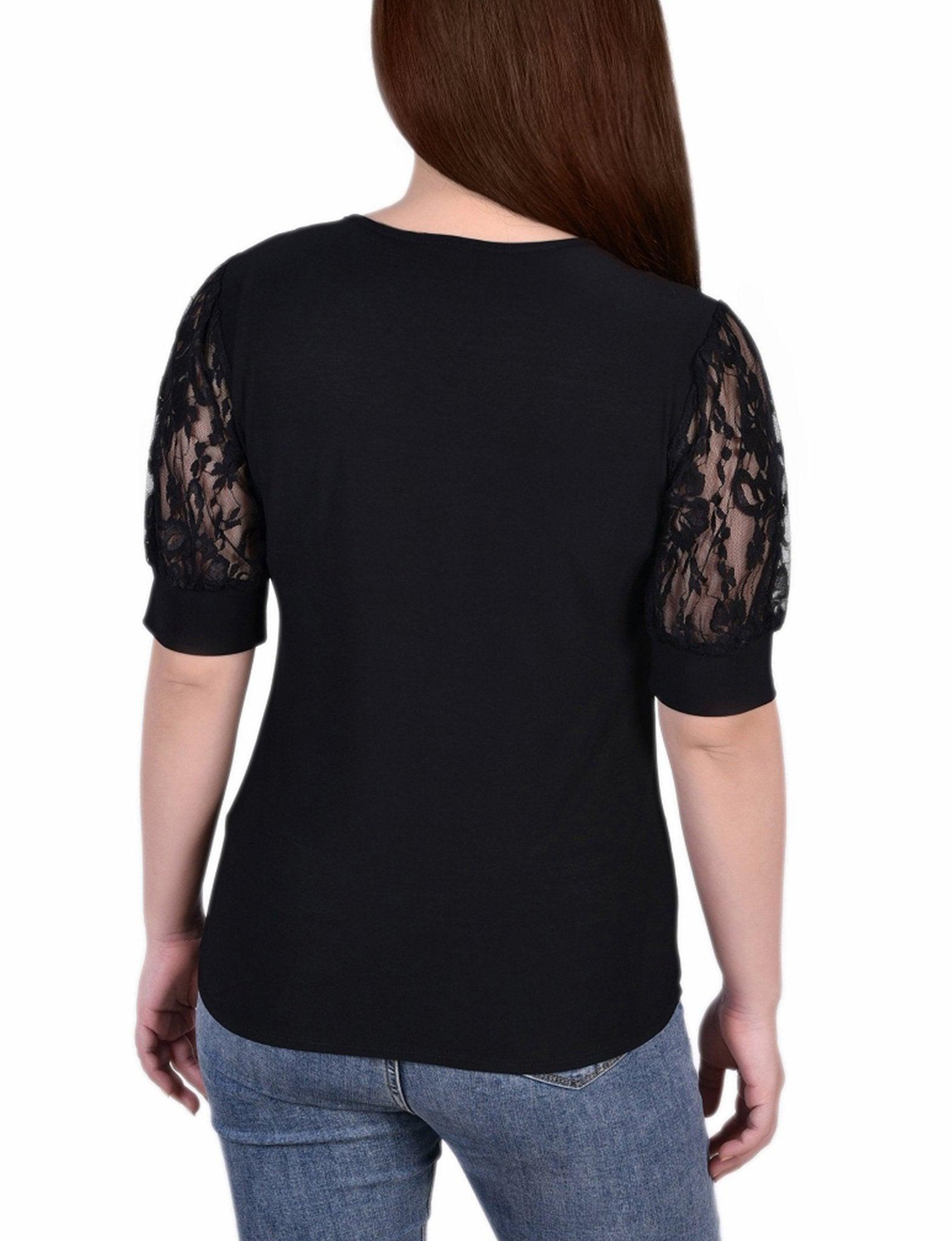 Black Short Puff Sleeve Top With Lace Sleeves And Yoke - Petite Product Image