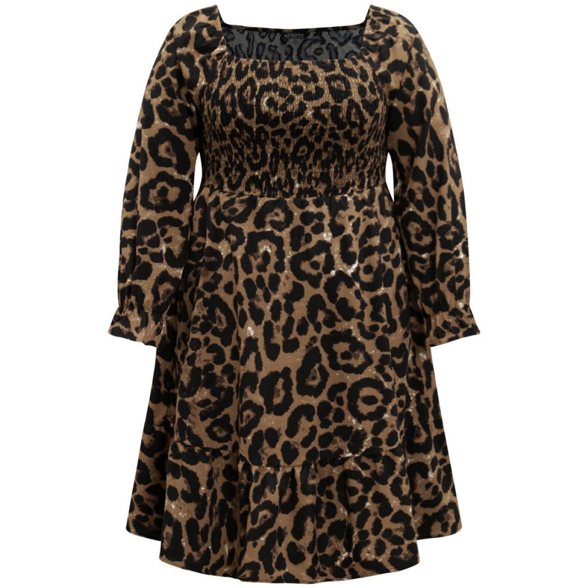 Plus Size Square Neck Leopard Shirred Ruffles Dress Leopard Women Elegant Gathered Square Neck Long Sleeve Curvy Knee Dress BloomChic 28/5X Product Image