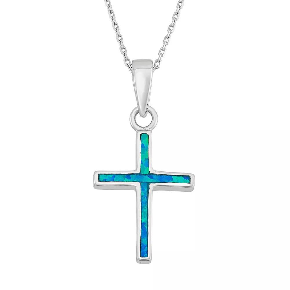 Lab-Created Blue Opal Sterling Silver Cross Pendant Necklace, Women's, Size: 18" Product Image