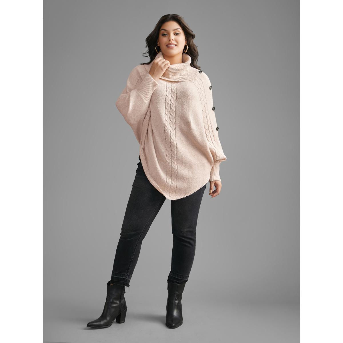 Plus Size Turtleneck Cable Knit Asymmetrical Hem Pullover Nudepink Women Casual Loose Long Sleeve Ruffled collar Everyday Pullovers BloomChic 28/5X Product Image